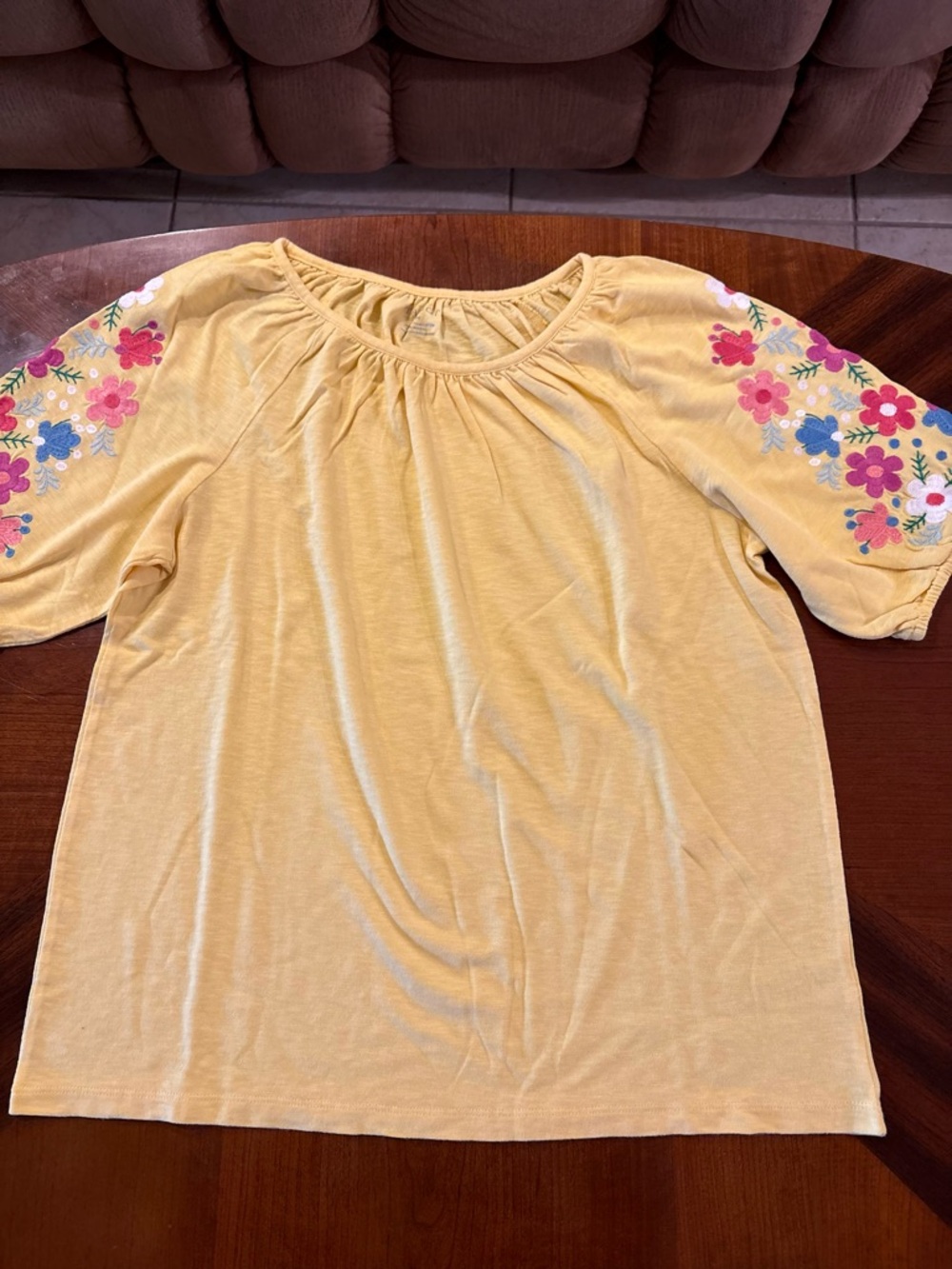 Talbots Women’s Yellow Gathered Neck Blouse With Embroidered Floral Sleeves